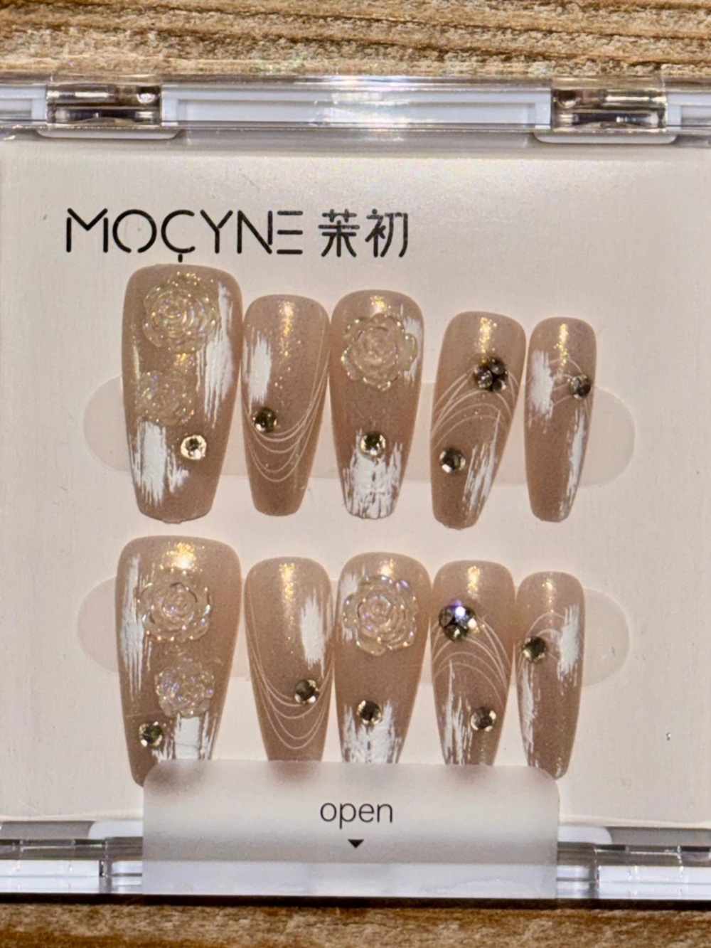5 for $25 - Nude Beige Press-On Nails with White Brushstroke & Rhinestones